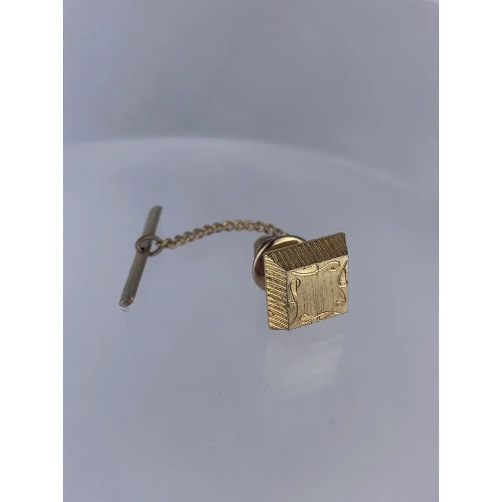 Square Strolls Gold Tone Tie Tack Pin Etched Brushed Metal Vintage